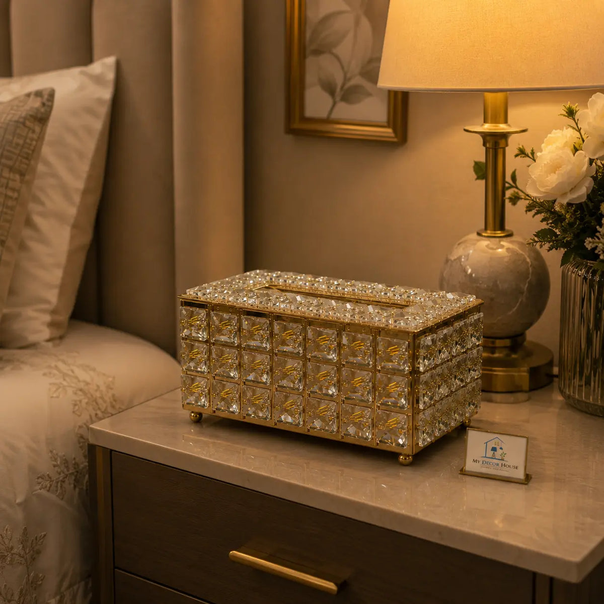 Golden Crystal Tissue Box - Luxury Diamond-Cut Decor Piece