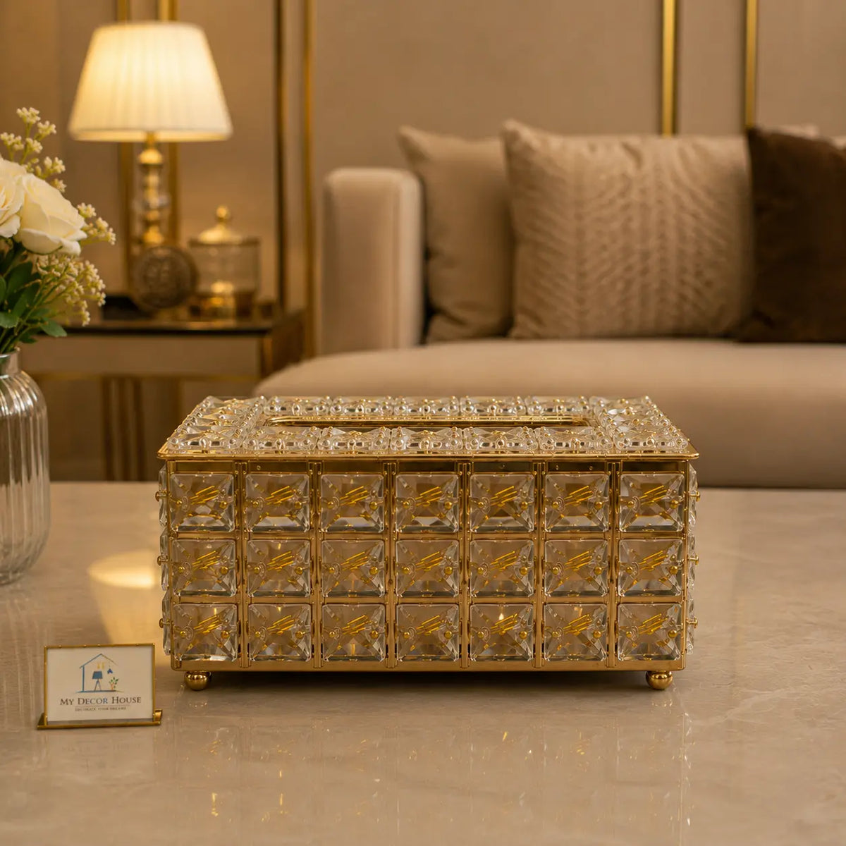 Golden Crystal Tissue Box - Luxury Diamond-Cut Decor Piece