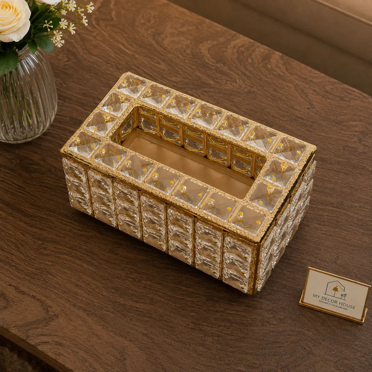 Golden Crystal Tissue Box - Luxury Diamond-Cut Decor Piece