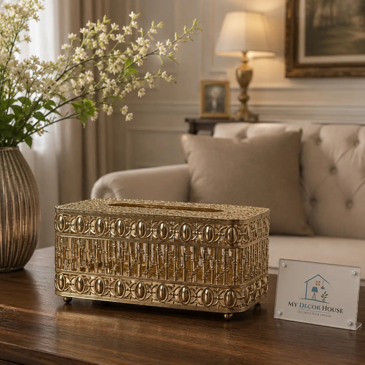 Royal Gold Filigree Tissue Box – Luxury Brass Decor Piece
